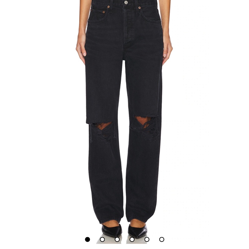 Agolde Black Straight Leg Jeans with Distressed Knee